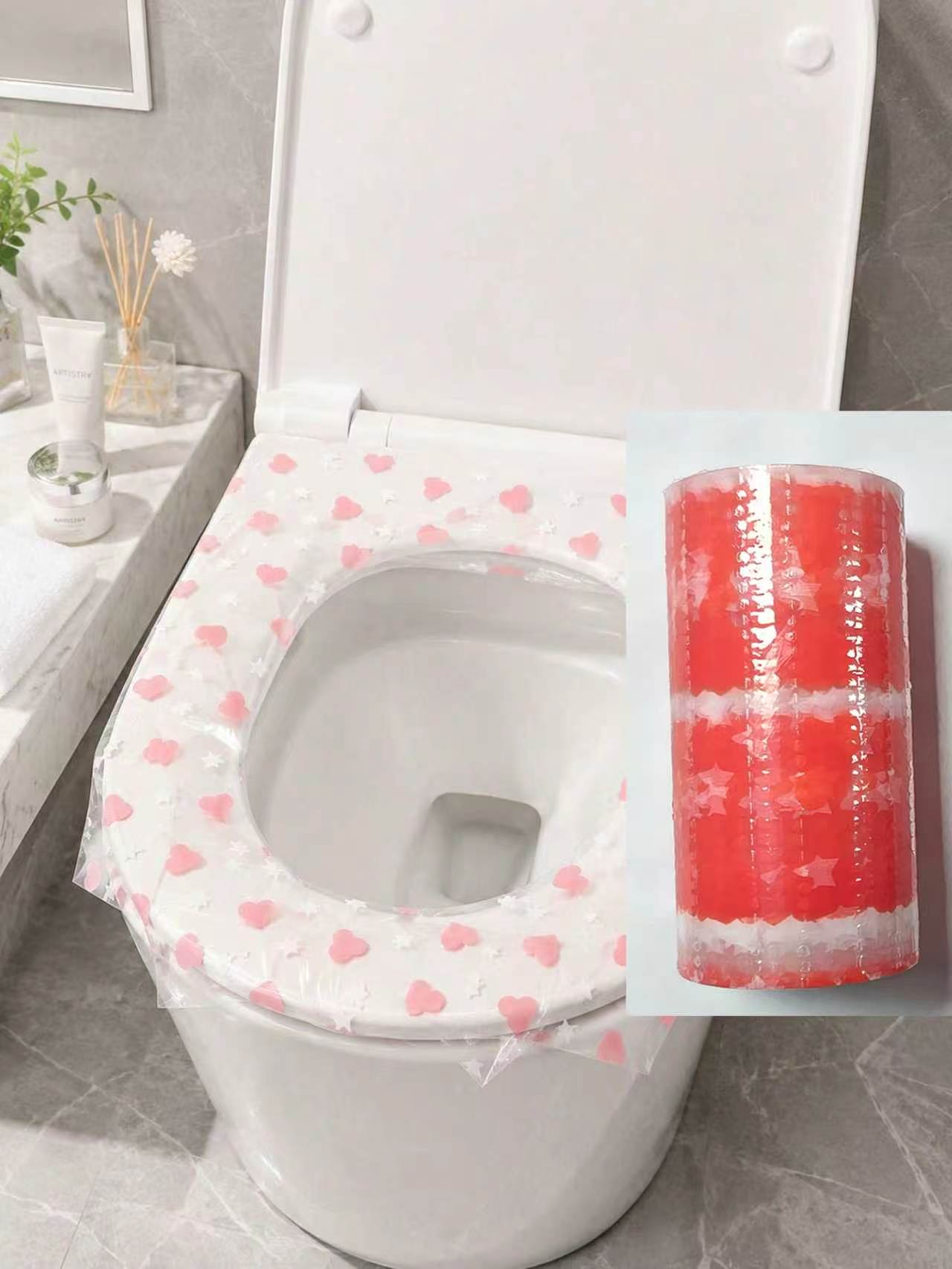 Travel Accessories Deals - 133 Stück/Rolle Einweg-Toilettensitzbezüge, wasserdichte Toilettensitz-Schutzfolie, Herzmuster